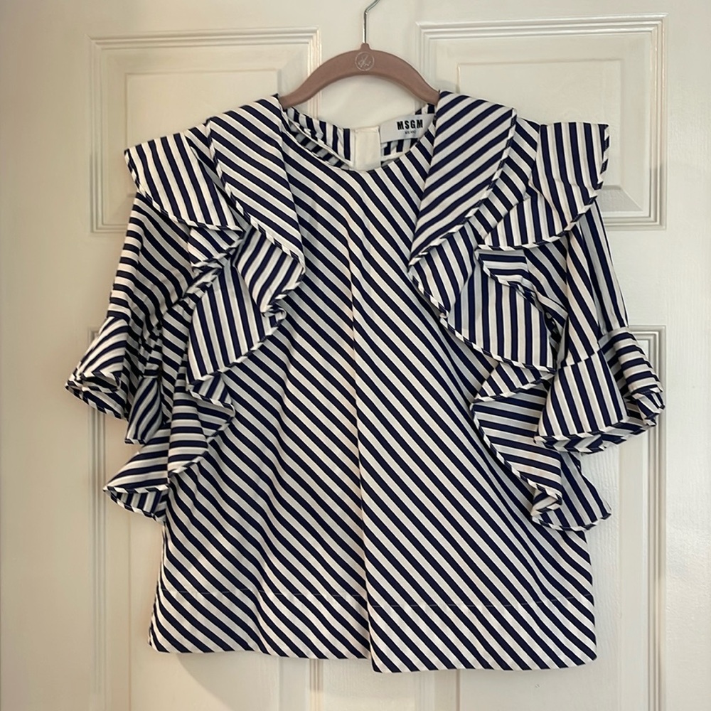 MSGM MILANO designer top navy and white diagonal stripe